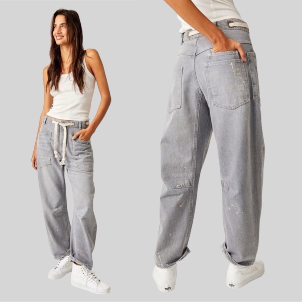 NWT Free People We The Free Moxie Pull On Barrel Jeans In Little Darlin Grey